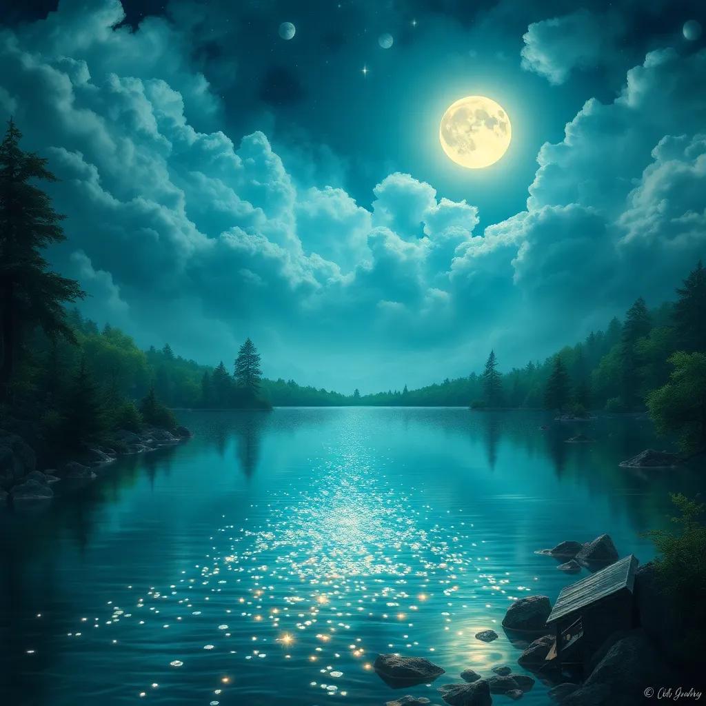 A sparkling lake under the moonlight, with a talking lake revealing a riddle, shimmering water, magical ambiance, digitally painted, high quality