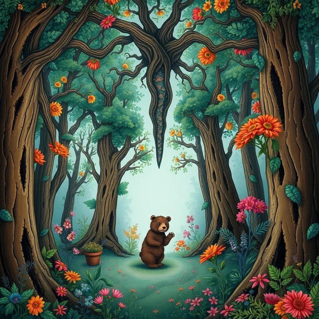 A strange upside-down forest with trees growing in reverse and a small crying bear, with colorful foliage and quirky details, quirky illustration, high quality