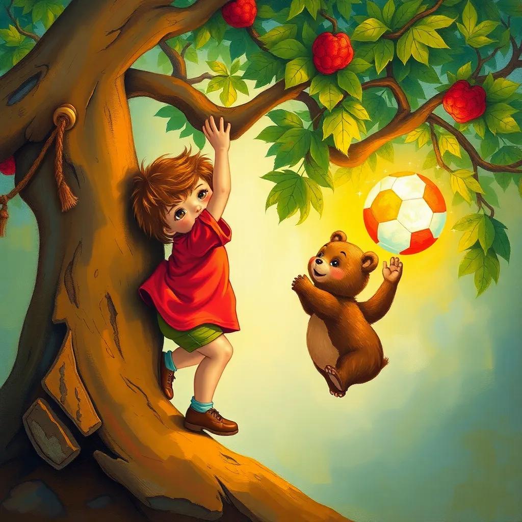 A child climbing a tree to retrieve a magical ball for a small bear, filled with hope and determination, with vibrant colors and cheerful expressions, heartwarming, high quality