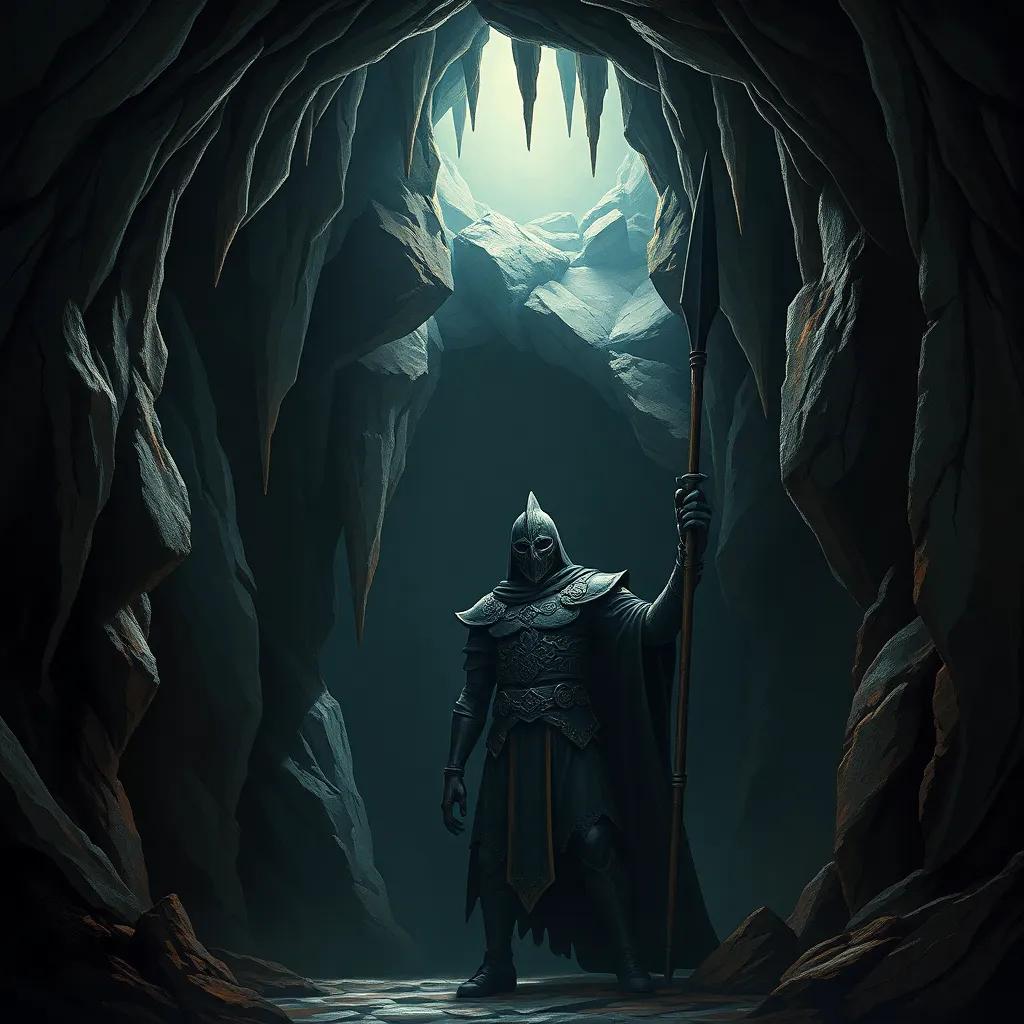 A dark cave entrance with a huge guard holding a spear, stalactites hanging from the ceiling, suspenseful atmosphere, digital art, high quality
