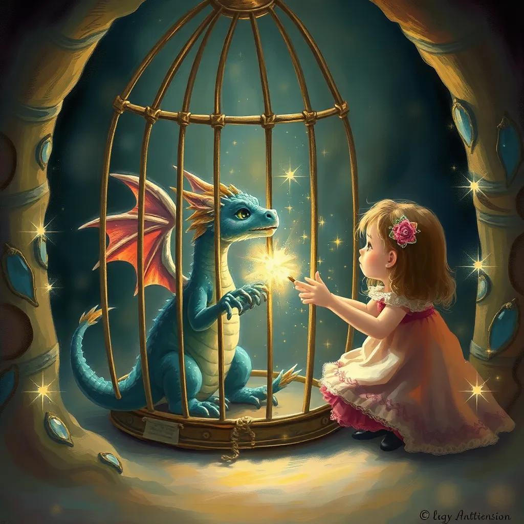 A small dragon being freed from a cage by a girl, surrounded by sparkles and light, magical setting, heartwarming moment, fantasy art, high quality