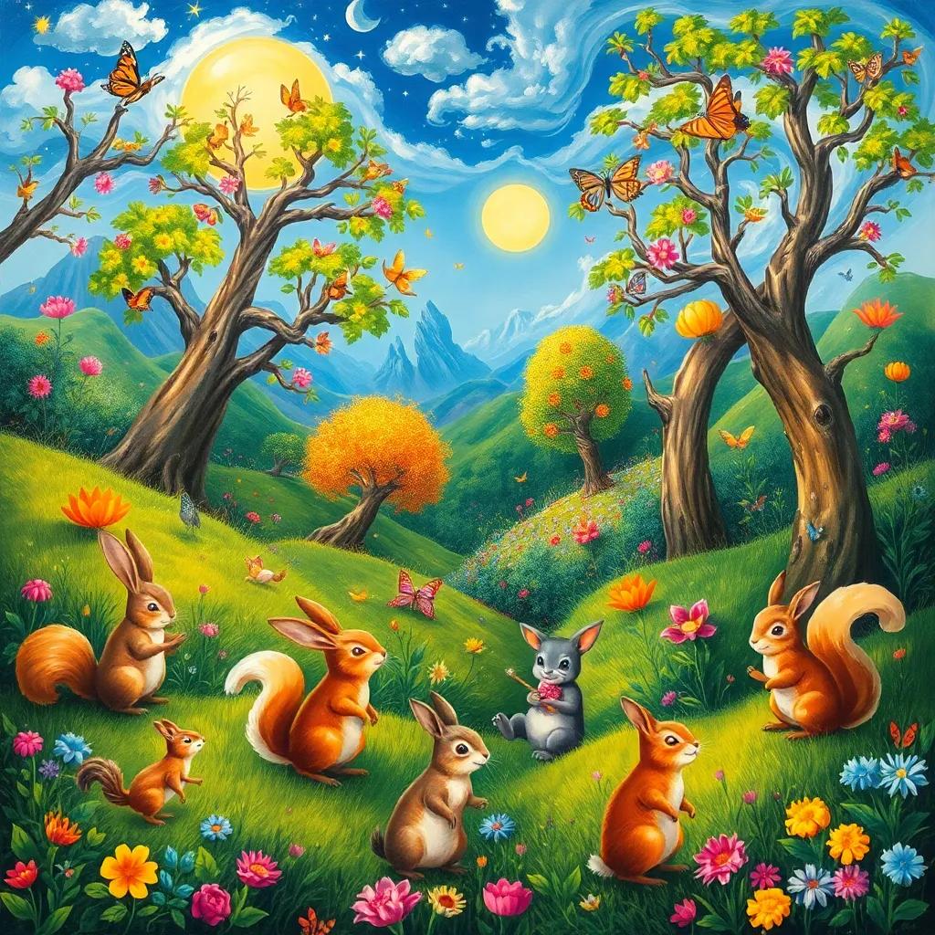 A beautiful enchanted valley filled with magical creatures, a talking rabbit, dancing squirrels, and music-playing trees, joyful and colorful scenery, whimsical style, high quality