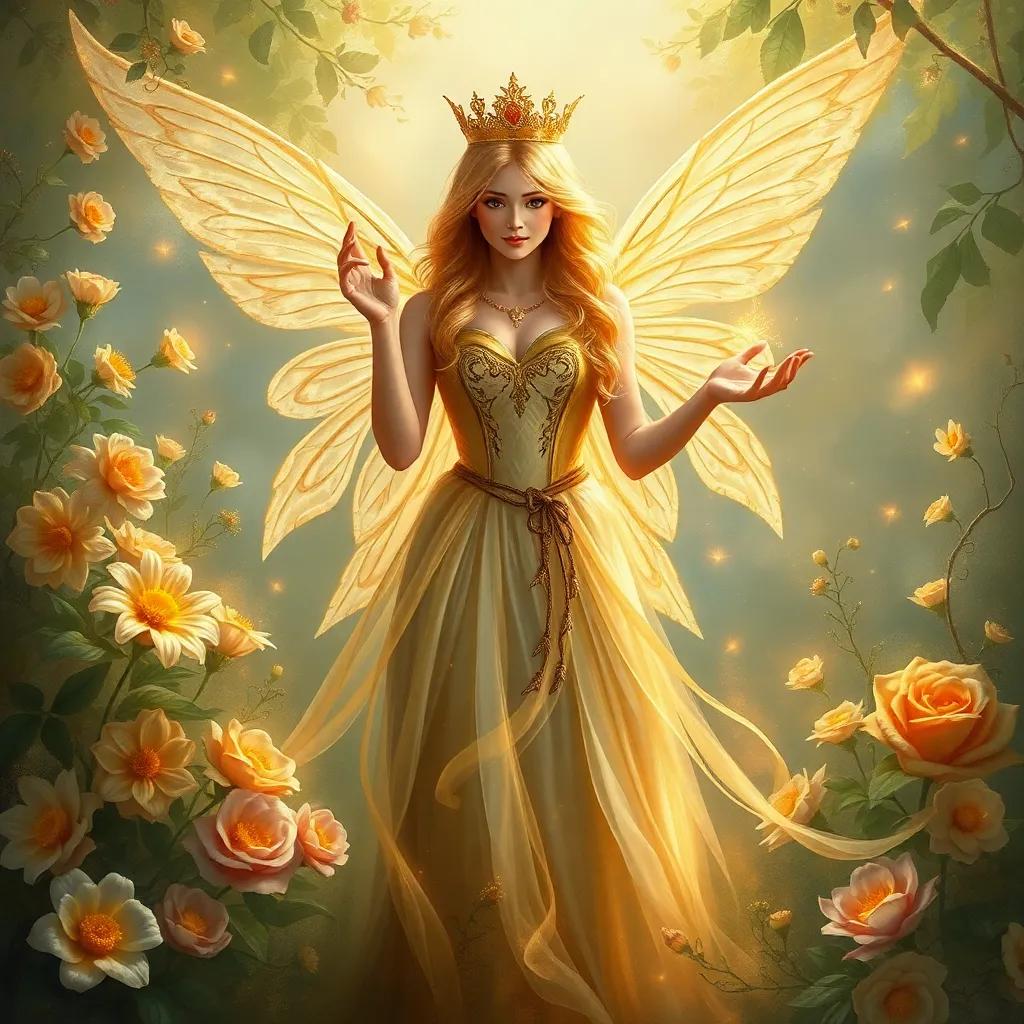 A golden-haired fairy queen with wings, standing amongst enchanted flora, blessing the siblings with magical wishes, soft glowing light, joyful atmosphere, high quality