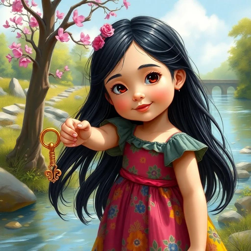 A small girl named Reem with long black hair wearing a colorful dress, playing near a river and holding a shiny gold key, vibrant environment, bright sunny day, whimsical feel, high quality