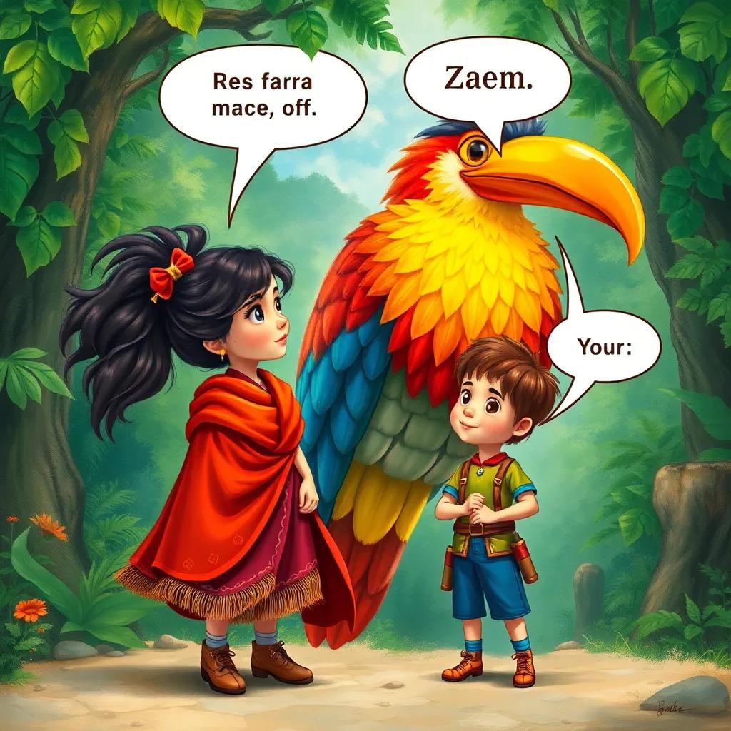 Reem and her brave little brother Karam with short brown hair, standing in front of a large colorful bird named Zizo, lush green forest background, dialogue happening between the characters, bright colors, dynamic atmosphere, high quality