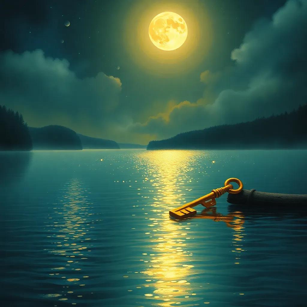 A sparkling talking lake under the moonlight, with the water shimmering and reflecting light, and a golden key glowing beside it, enchanting scene, calm waters, beautiful night sky, high quality