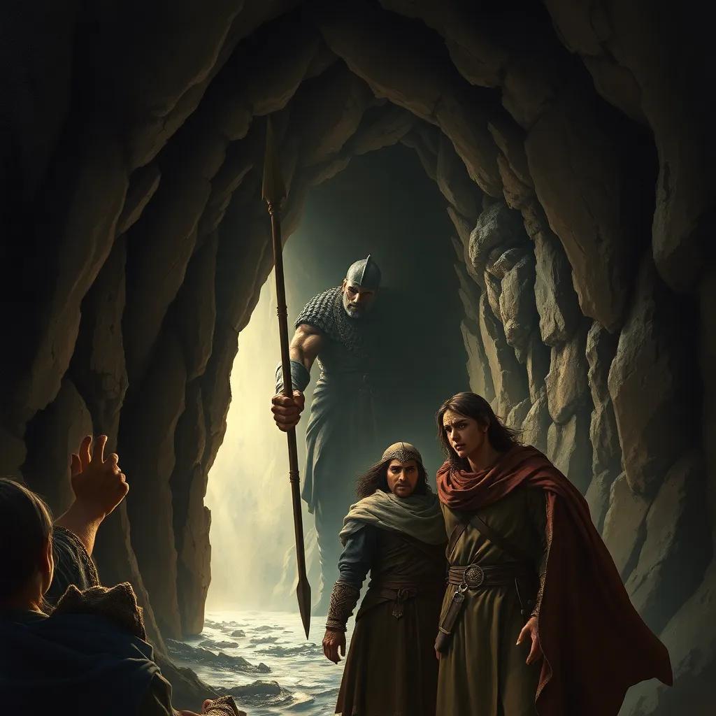 A dark cave entrance with a giant guard holding a spear, Karam and Reem looking determined and brave, dramatic lighting, tense moment, fantasy, high quality