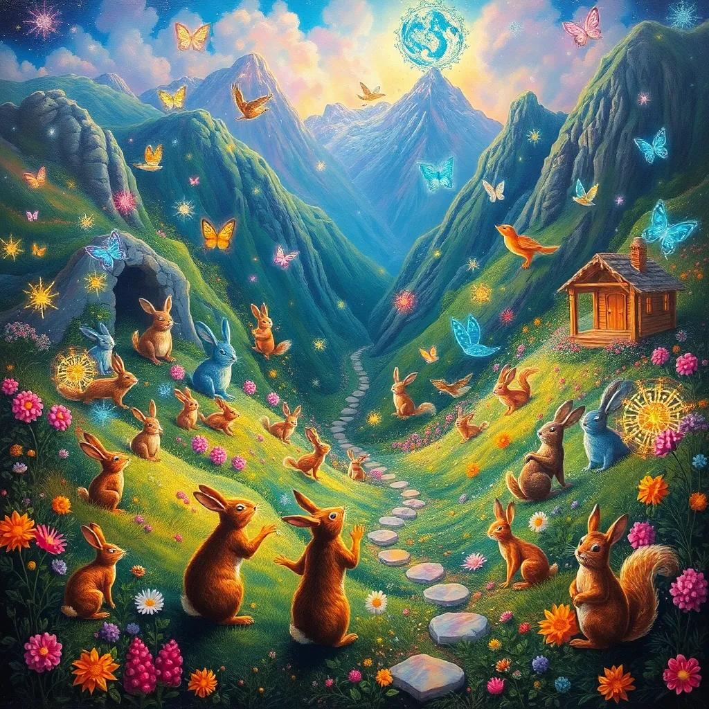 A colorful magical valley filled with sparkling creatures, talking rabbits, and dancing squirrels, Reem and Karam amazed at the sight, enchanting colors and magical atmosphere, high quality