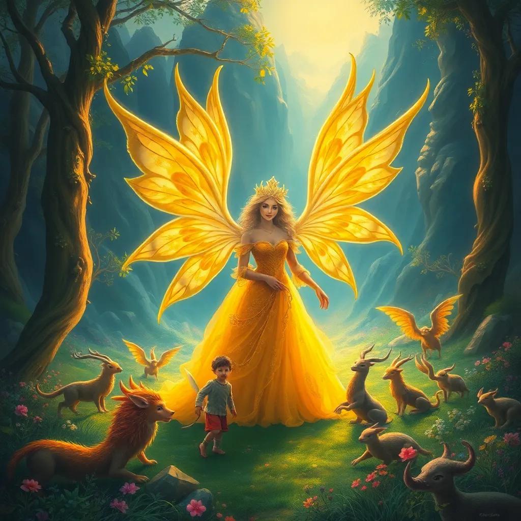 A beautiful fairy queen with golden wings welcoming Reem and Karam, surrounded by magical creatures in the valley, dreamlike scene, warm light, vibrant colors, high quality