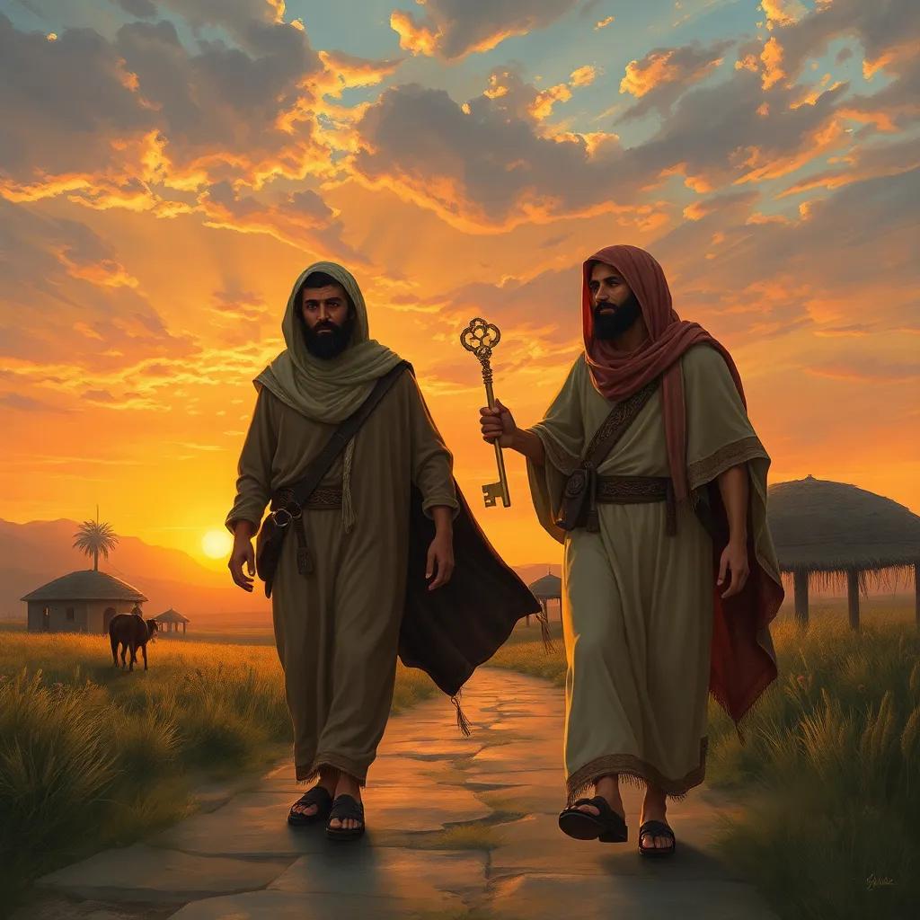 Reem and Karam walking back to their village with golden memories, the golden key in hand, sunset in the background, nostalgic and adventure-filled feeling, high quality