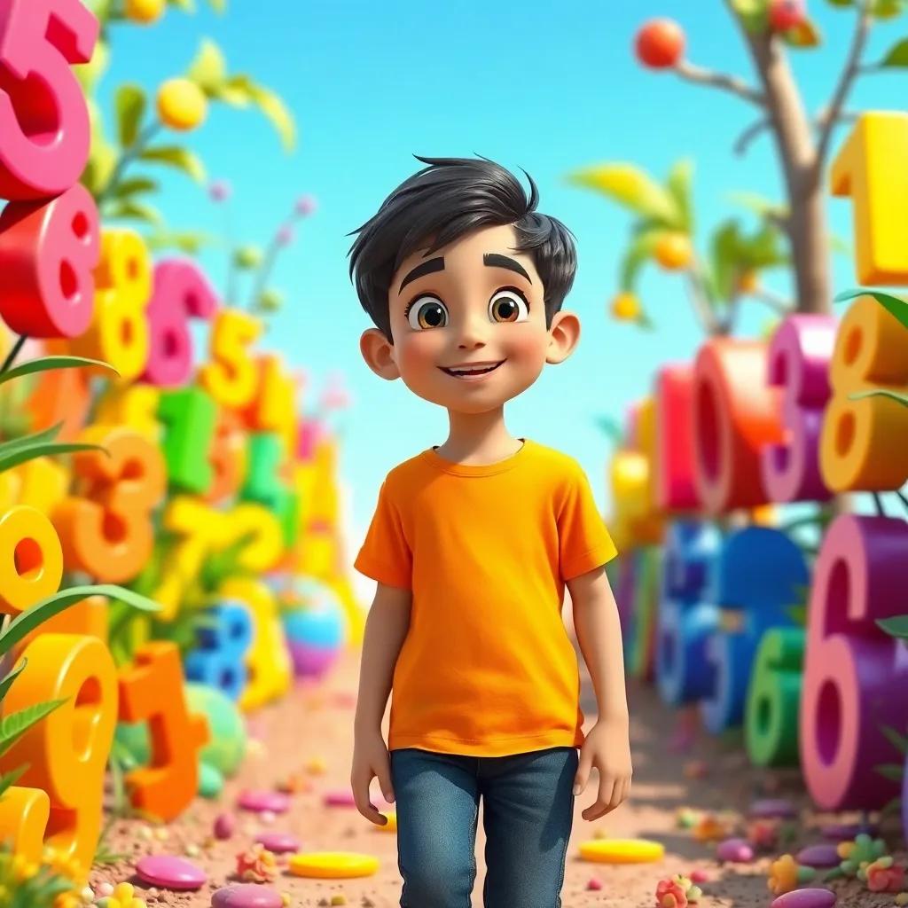 A cheerful young Arab boy, Sami, with short black hair, wearing a bright t-shirt and jeans, exploring a colorful garden filled with numbers, digital art, vivid colors, playful atmosphere, high-quality
