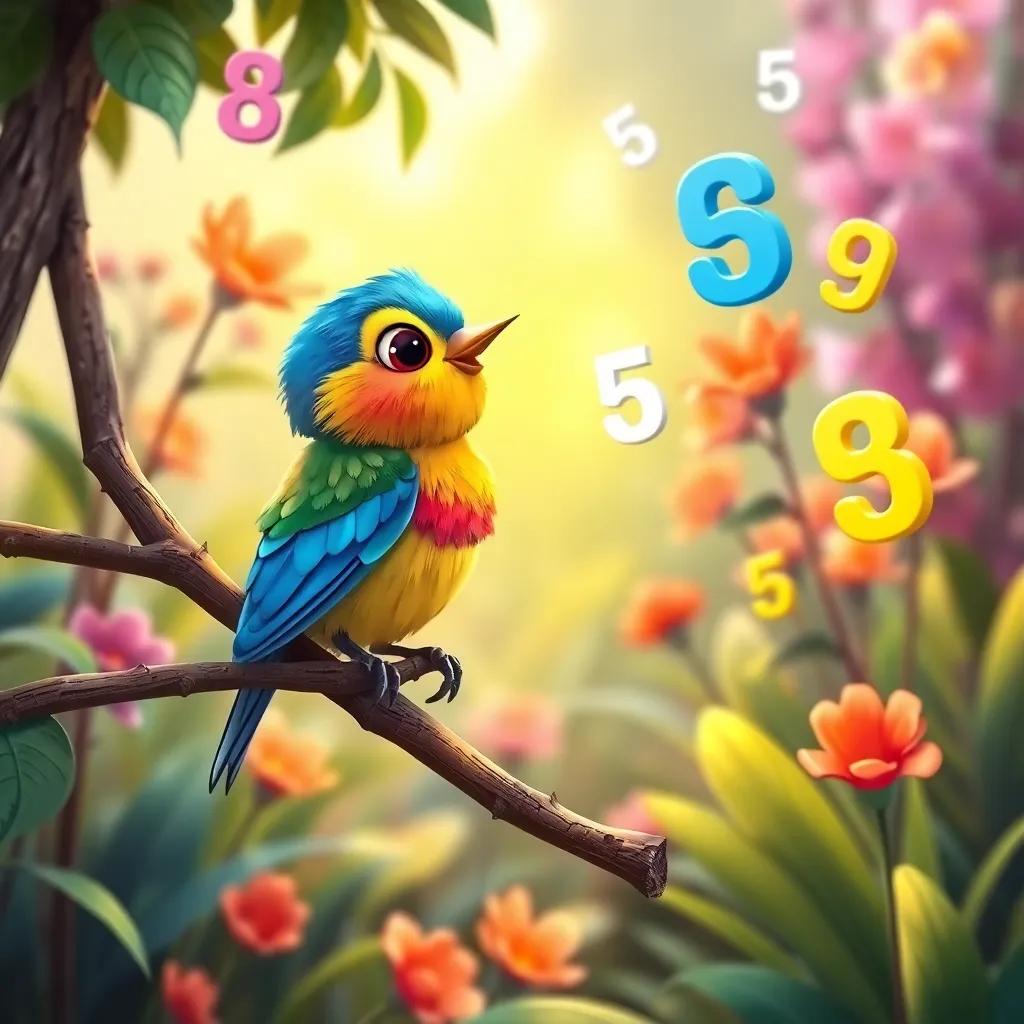 A small, colorful bird perched on a branch, talking to Sami in the vibrant garden, with various numbers floating around, illustration, bright colors, friendly atmosphere, high-quality