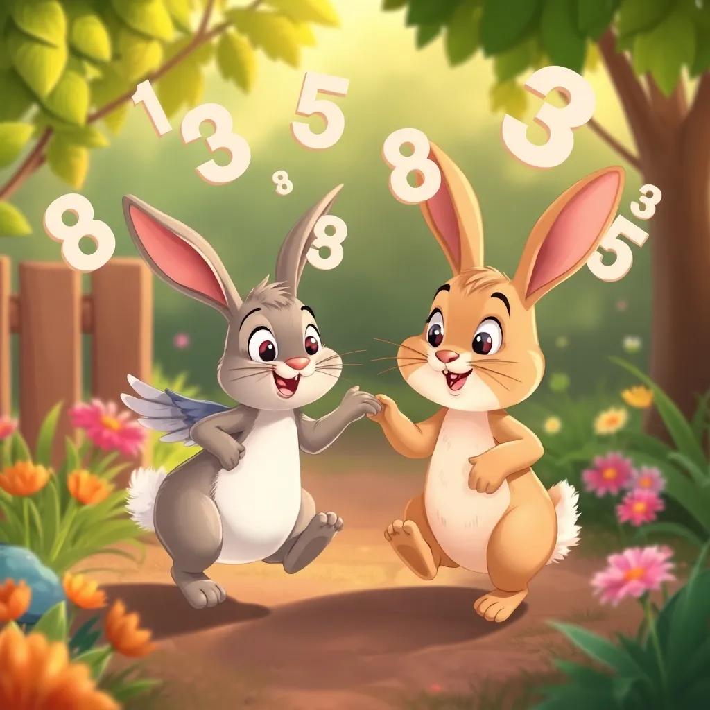 A curious rabbit hopping into the garden to join Sami and the bird, with numbers in the air around them, illustration, cheerful, warm colors, high-quality