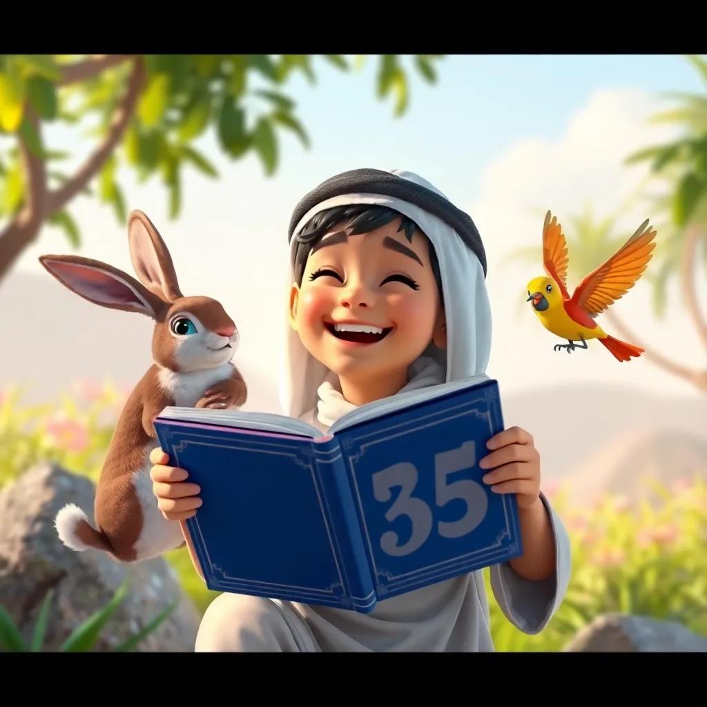 Sami, the young Arab boy, laughing with the rabbit and bird, holding a large number book, surrounded by nature, cheerful mood, bright colors, high-quality