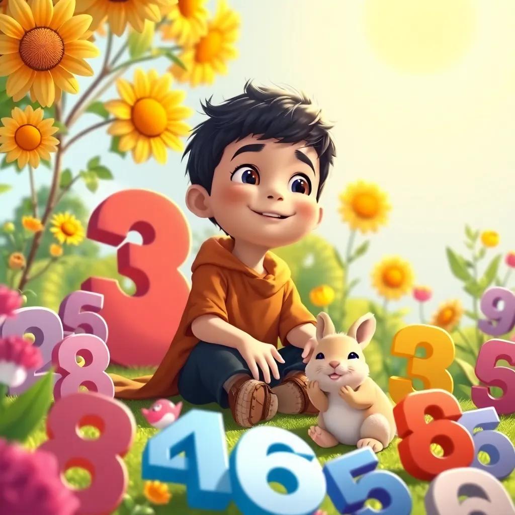An illustration of Sami, the young boy, sitting with the rabbit and bird, surrounded by numbers in a sunny garden, looking up at the sun shining, vibrant colors, happy expression, high-quality