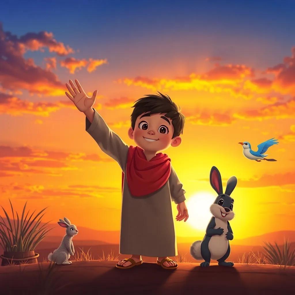 Sami, the young Arab boy, waving goodbye to his friends, the rabbit and bird, as he goes home, colorful sunset in the background, heartwarming scene, high-quality