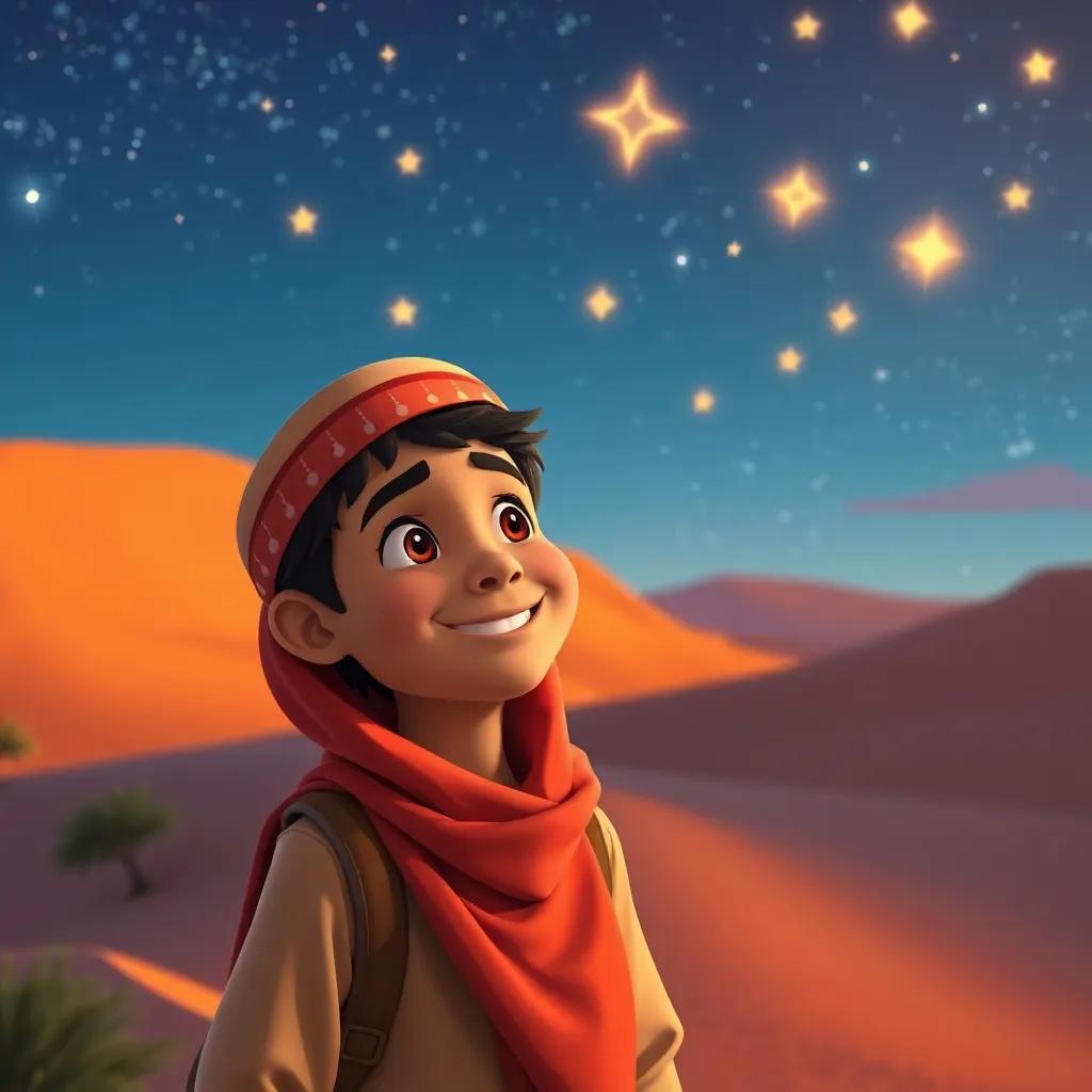 Sami, the young Arab boy, returning home with a smile on his face, bright stars beginning to show in the sky, feeling happy about his number adventure, warm colors, high-quality