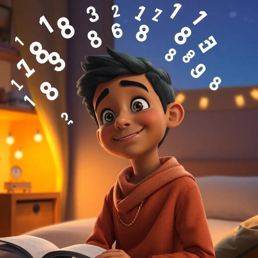 Sami, the young Arab boy, thinking about all the numbers he read during the day, looking content and cheerful, cozy room at night, glowing lights, high-quality