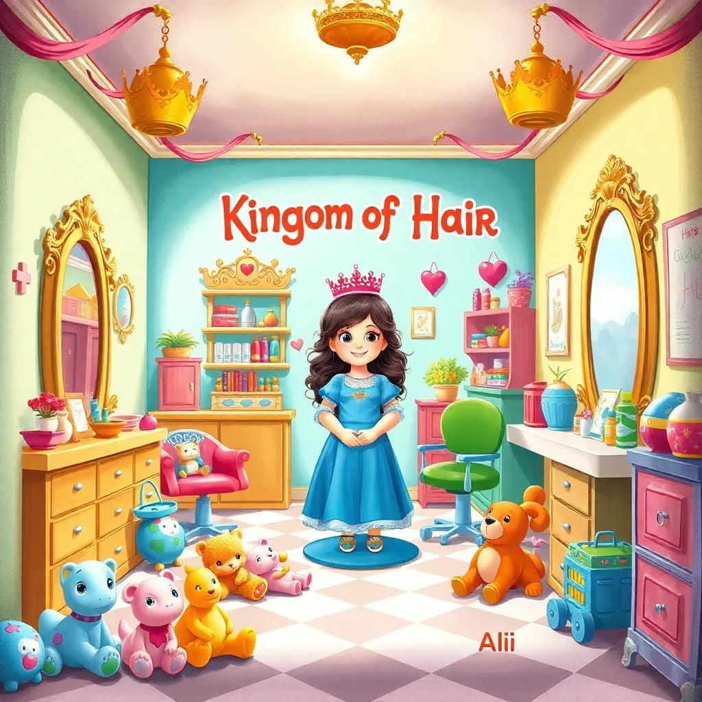 A cheerful hair salon called 'Kingdom of Hair', with colorful decorations, a friendly stylist named Ali, and toys scattered around for kids, bright daylight, vibrant and welcoming atmosphere, detailed illustration, child-friendly