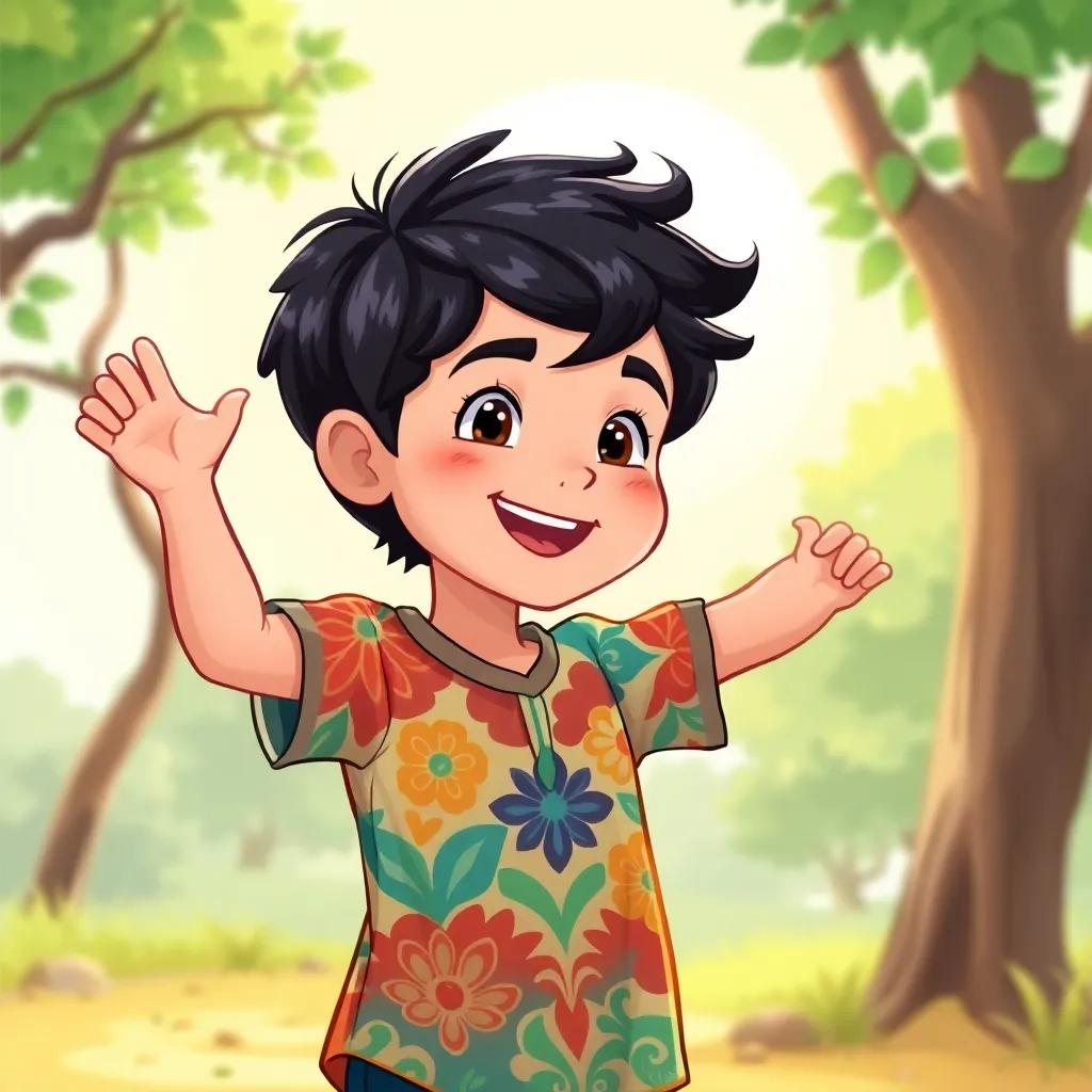 A young Arab boy, Salim, with black hair and wearing a colorful shirt, playing outside with a joyful expression, surrounded by trees and a gentle sun, digital art, cheerful, bright atmosphere, inviting scene, high quality