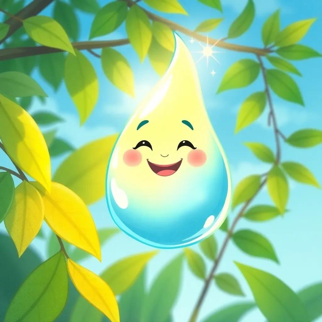 A friendly water droplet, animated and smiling, sparkling with light, floating in the air beside Salim, surrounded by a background of green leaves and blue skies, illustration, lively, joyful, colorful, child-friendly