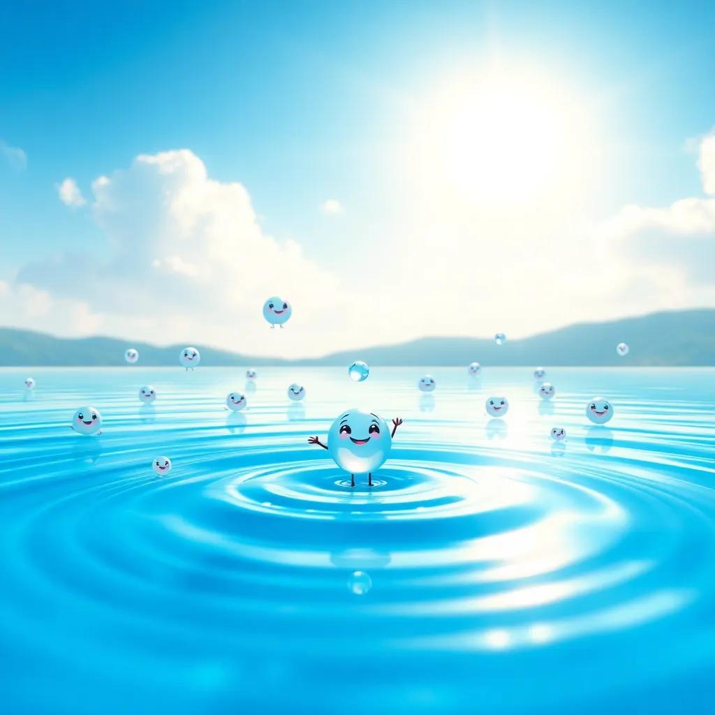 A small water droplet living in a wide blue lake, surrounded by cheerful other droplets, jumping on the water surface under a bright sunny sky, digital art, vibrant colors, playful atmosphere, high quality