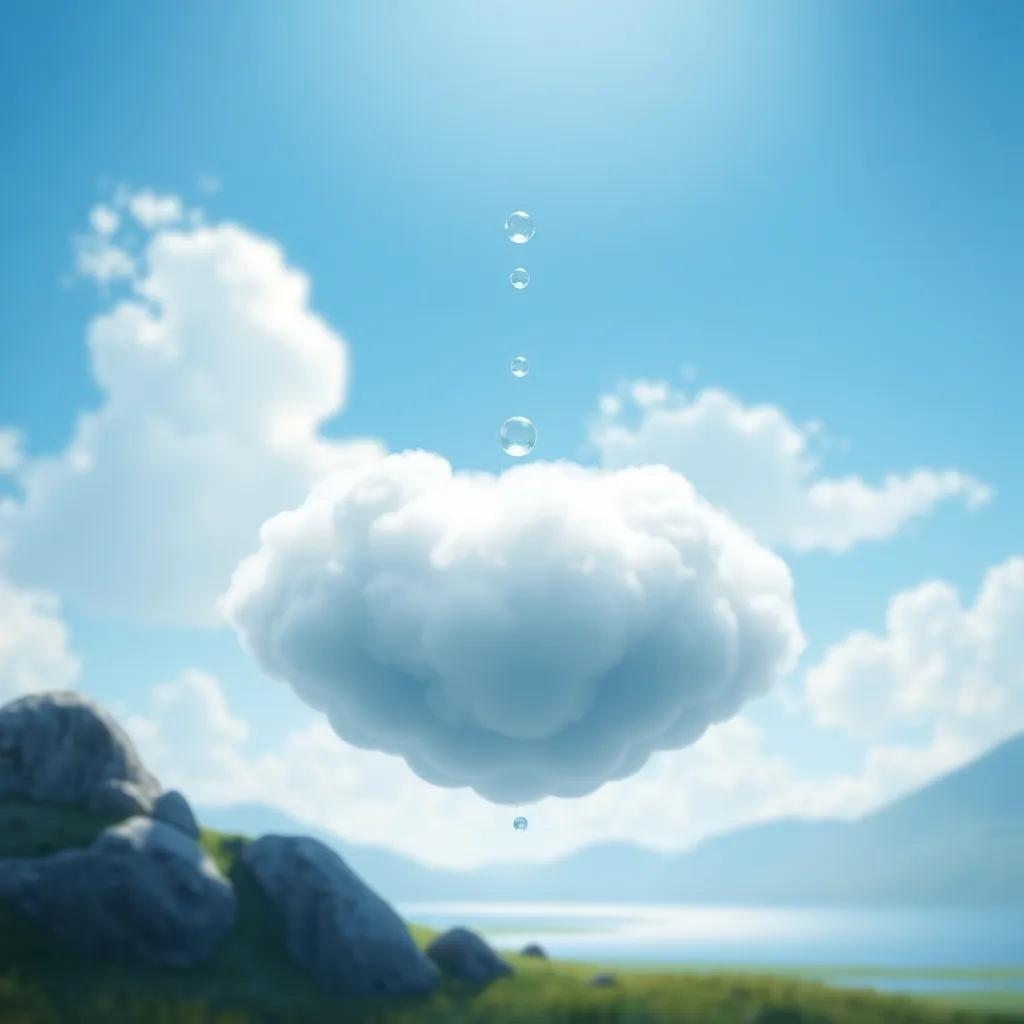 A small water droplet rising into the air, looking surprised as it sees the lake getting smaller below, meeting other droplets, transforming into a big white cloud, with a bright blue sky, digital painting, whimsical and magical, engaging view, high quality