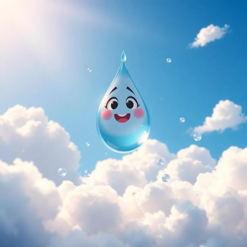 Qaturah, a small water droplet, rising into the sky among fluffy white clouds, surrounded by other droplets, looking excited and playful, bright blue sky, warm light, whimsical style, colorful, inviting scene