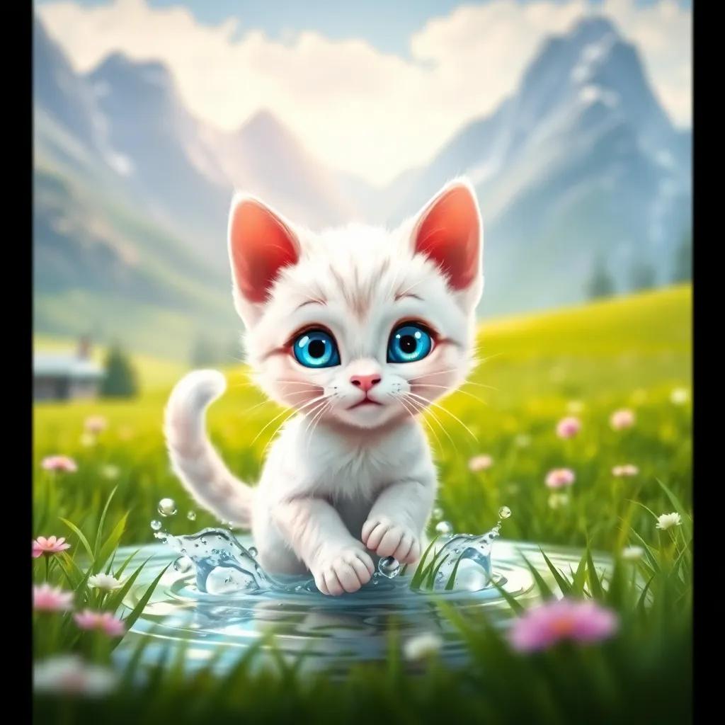 A small cat, Water, with bright blue eyes and soft white fur, playing in green fields surrounded by beautiful mountains, cheerful atmosphere, digital art, vibrant colors, inviting, high quality
