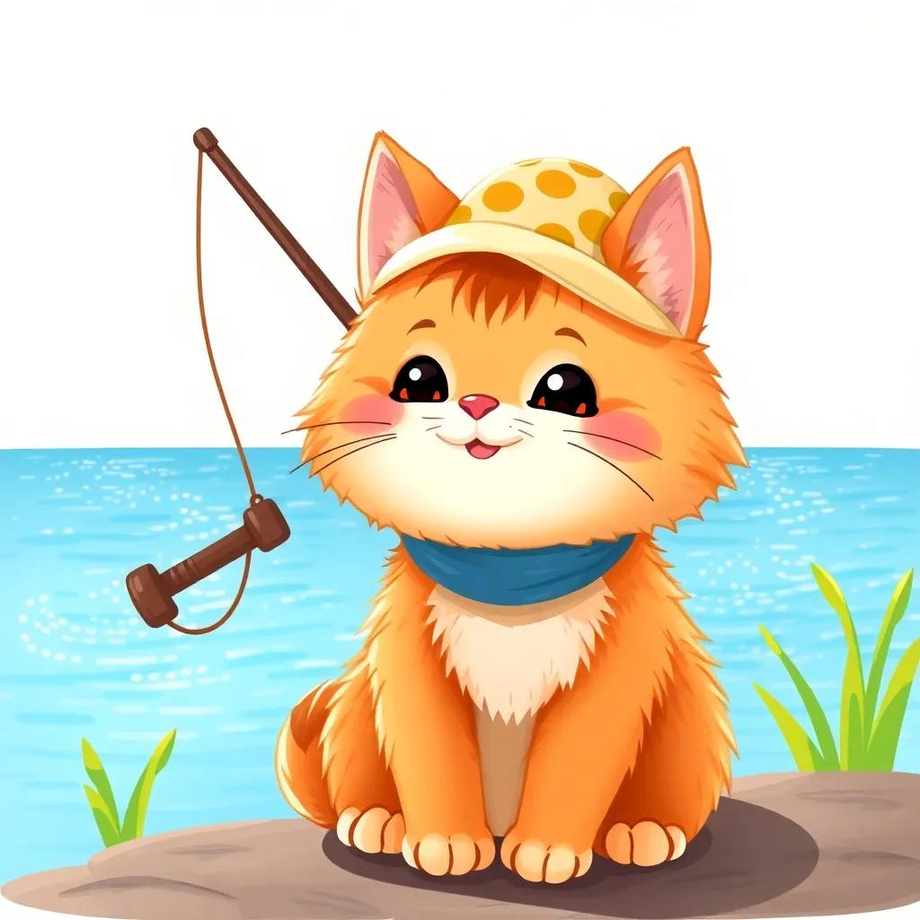 A cute cat, Mishmash, with fluffy orange fur, wearing a tiny fishing hat, sitting by a sparkling blue lake on a sunny day, cheerful and playful atmosphere, colorful, child-friendly