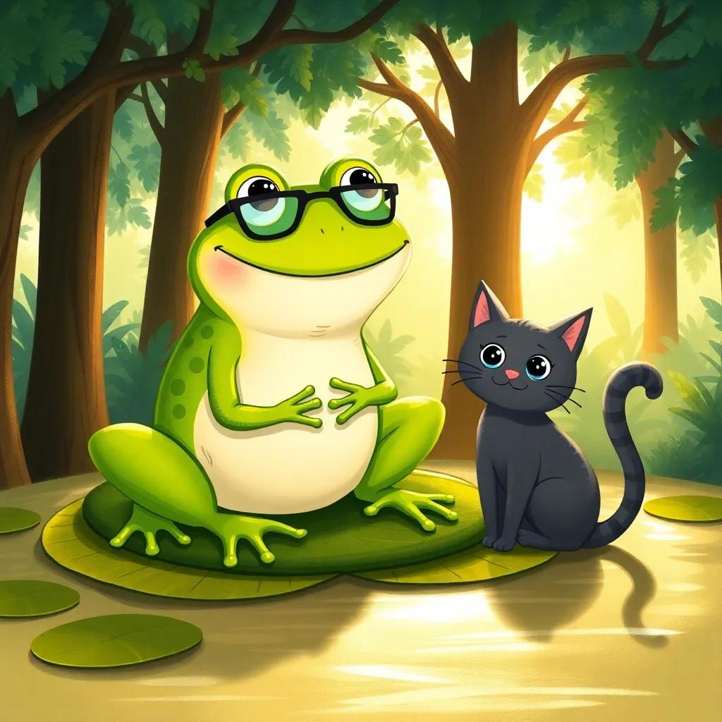 A large frog wearing glasses sitting on a lily pad, next to Mishmash the cat, with sunlight filtering through the trees, whimsical and fun, bright colors, inviting scene