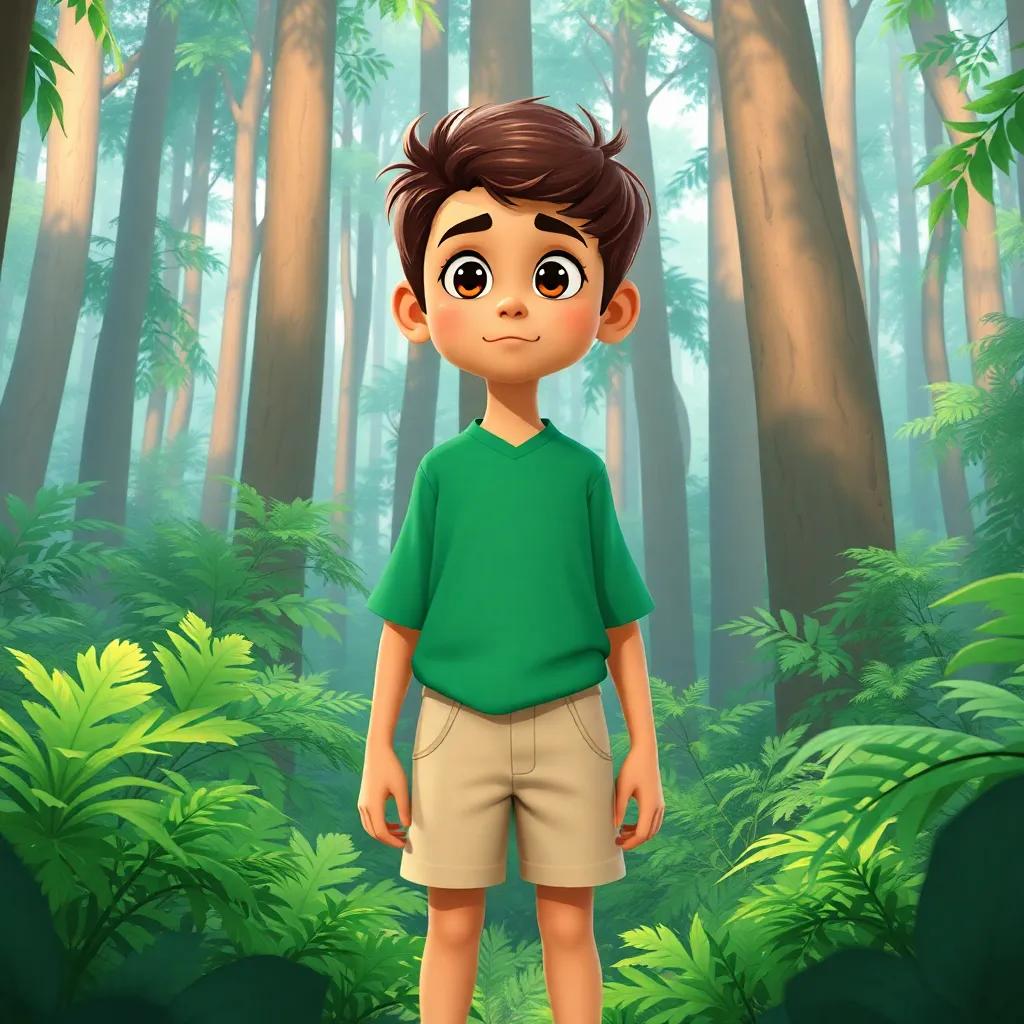 A young Arab boy, Karim, with short brown hair, wearing a green shirt and beige shorts, standing in a thick forest filled with tall trees and lush greenery, curious expression, illustration, vibrant colors, adventure-themed, child-friendly