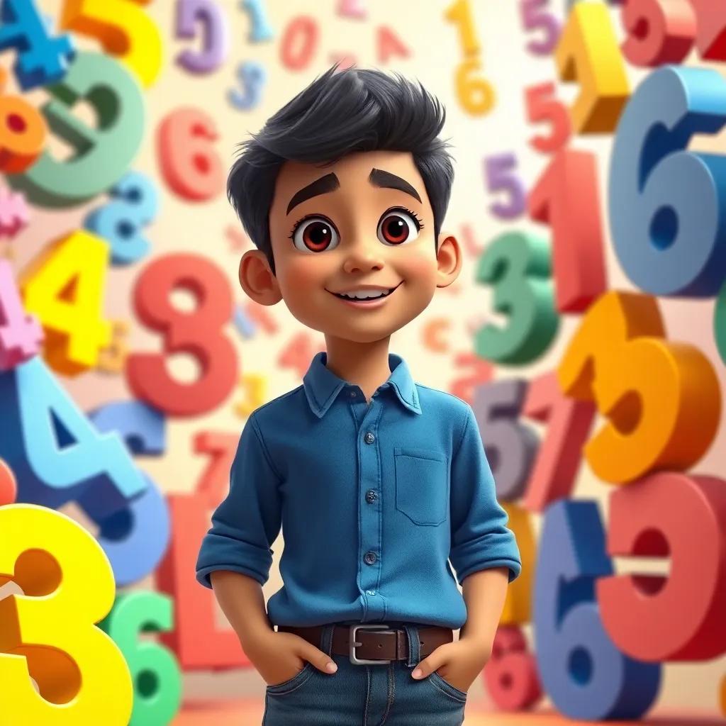A young Arab boy, Sami, with short black hair, wearing a blue shirt and jeans, standing in a colorful world of numbers with talking fractions, vibrant and lively scene, digital art, cheerful atmosphere, high quality