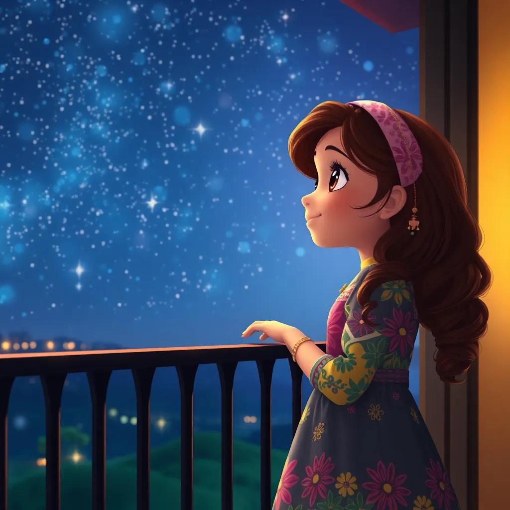 A young Arab girl, لؤلؤة, with brown hair wearing a colorful dress, gazing at the stars from her balcony, night sky full of sparkling stars, digital art, magical and enchanting atmosphere, high quality