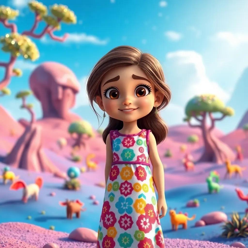 A young Arab girl, لؤلؤة, with brown hair wearing a colorful dress, standing on a vibrant alien planet with blue sky and sparkling trees, surrounded by colorful creatures, cheerful and adventurous scene, bright colors, high quality