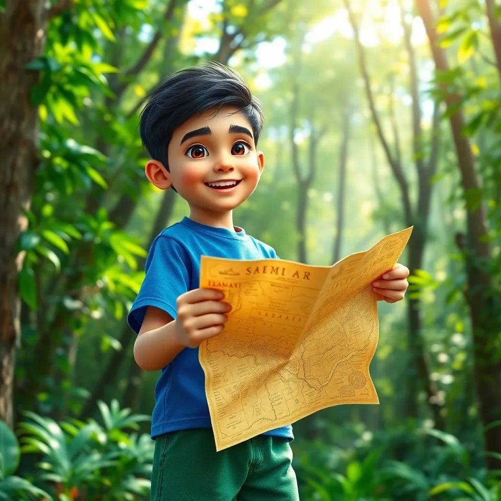 A young Arab boy, Samir, with short black hair, wearing a blue t-shirt and green shorts, excitedly holding a treasure map in a lush green forest, with sunlight filtering through the trees, vibrant, adventure-themed, cheerful atmosphere, digital art, high quality