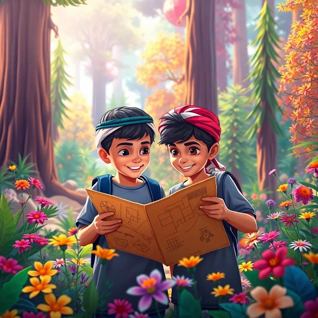 Two young Arab boys, Luwai and Ahmed, exploring a vibrant forest, looking at an old treasure map, surrounded by colorful flowers and tall trees, filled with curiosity and excitement, lively, bright colors, storytelling mood, illustration, fantasy