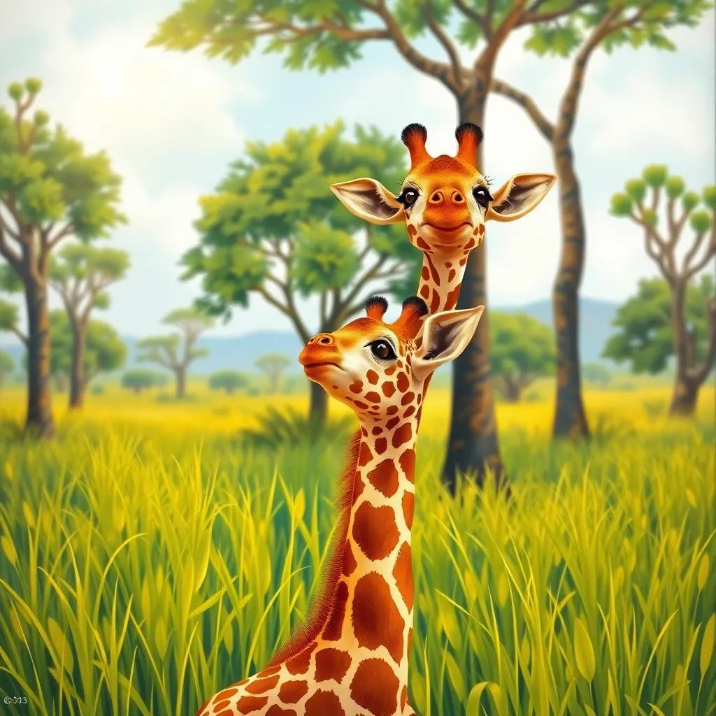 A young giraffe, Lama, with golden-brown spots, looking up at tall acacia trees in a serene savanna, lush grass, vibrant colors, bright sunlight, cheerful atmosphere, detailed, child-friendly