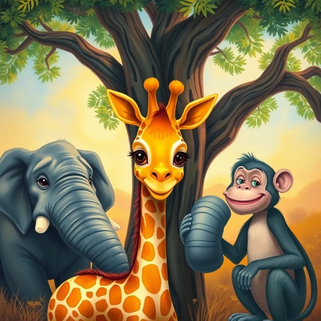 Lama, a young giraffe with golden-brown spots, surrounded by her friends, a wise big elephant, Amr, and a clever monkey, Zuzu, planning under a tall acacia tree, friendly expression, colorful background, warm light, joyful atmosphere, high quality