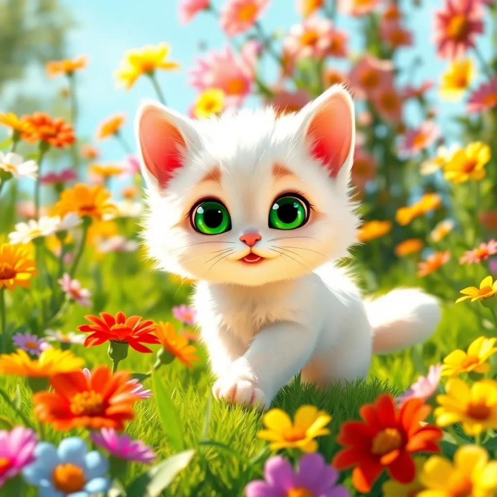 A small cat, Lolo, with fluffy white fur and bright green eyes, playing in a sunny garden filled with colorful flowers, digital art, vibrant colors, cheerful atmosphere, high quality