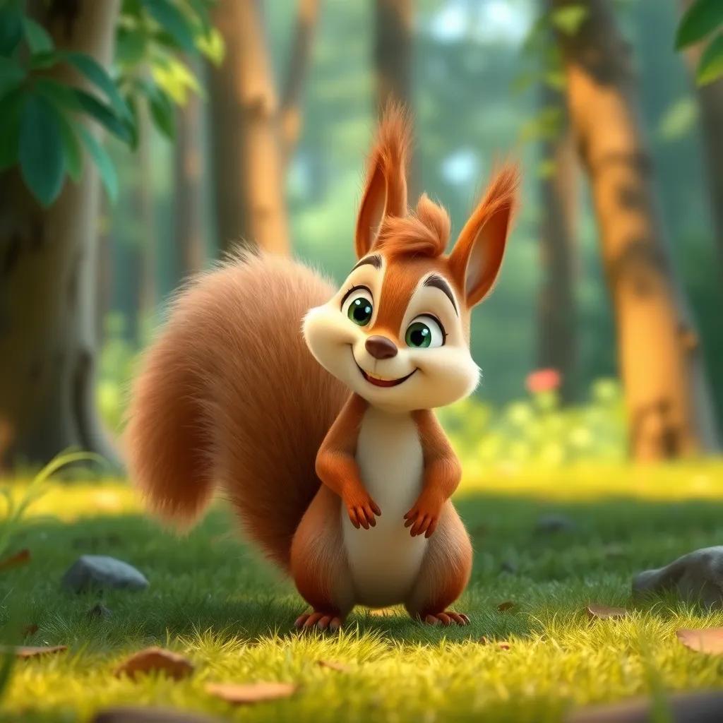 A friendly squirrel, with a bushy tail and curious eyes, appears with a big smile in the forest, urging Lolo to join the adventure, whimsical style, bright colors, inviting scene, high quality