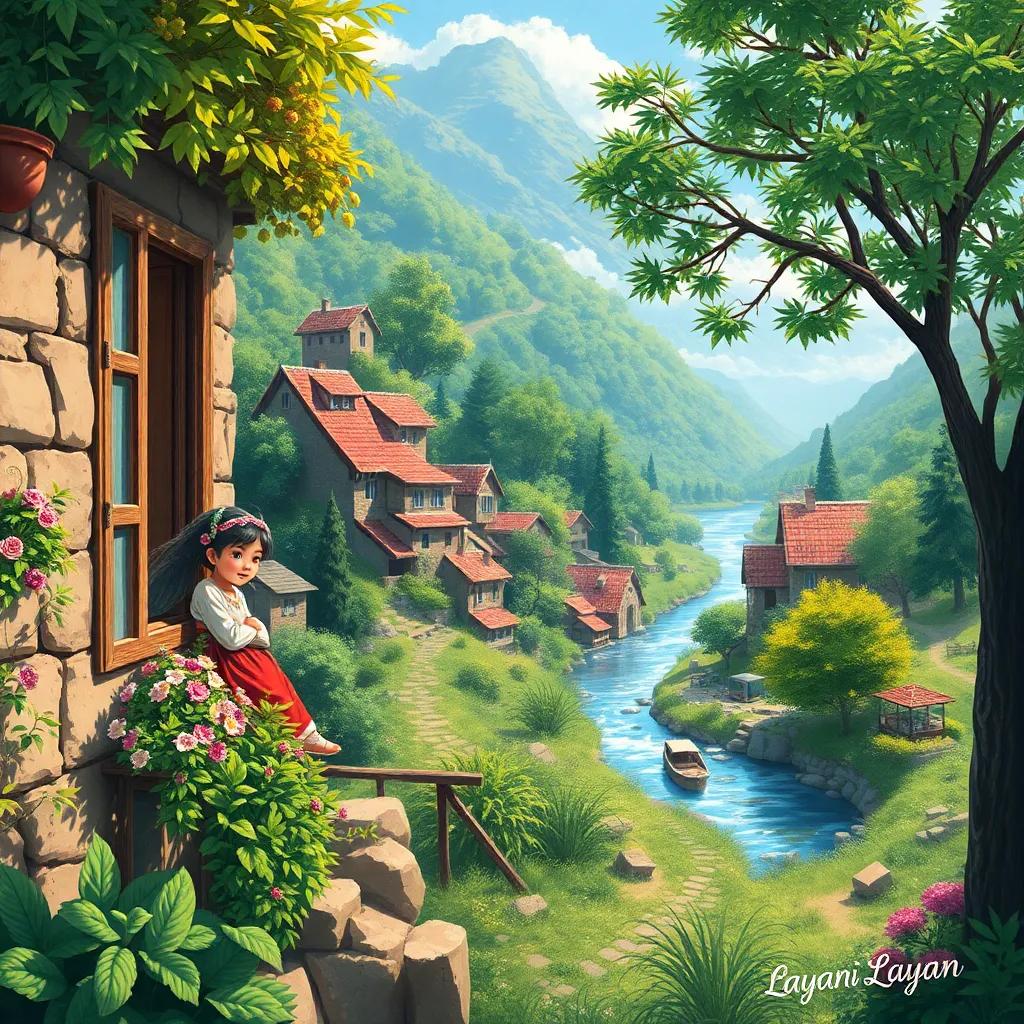 A small village surrounded by trees and rivers, with a young Arabic girl, Layan, sitting by her window looking out excitedly, bright sunlight, cheerful colors, cozy atmosphere, digital art, high quality