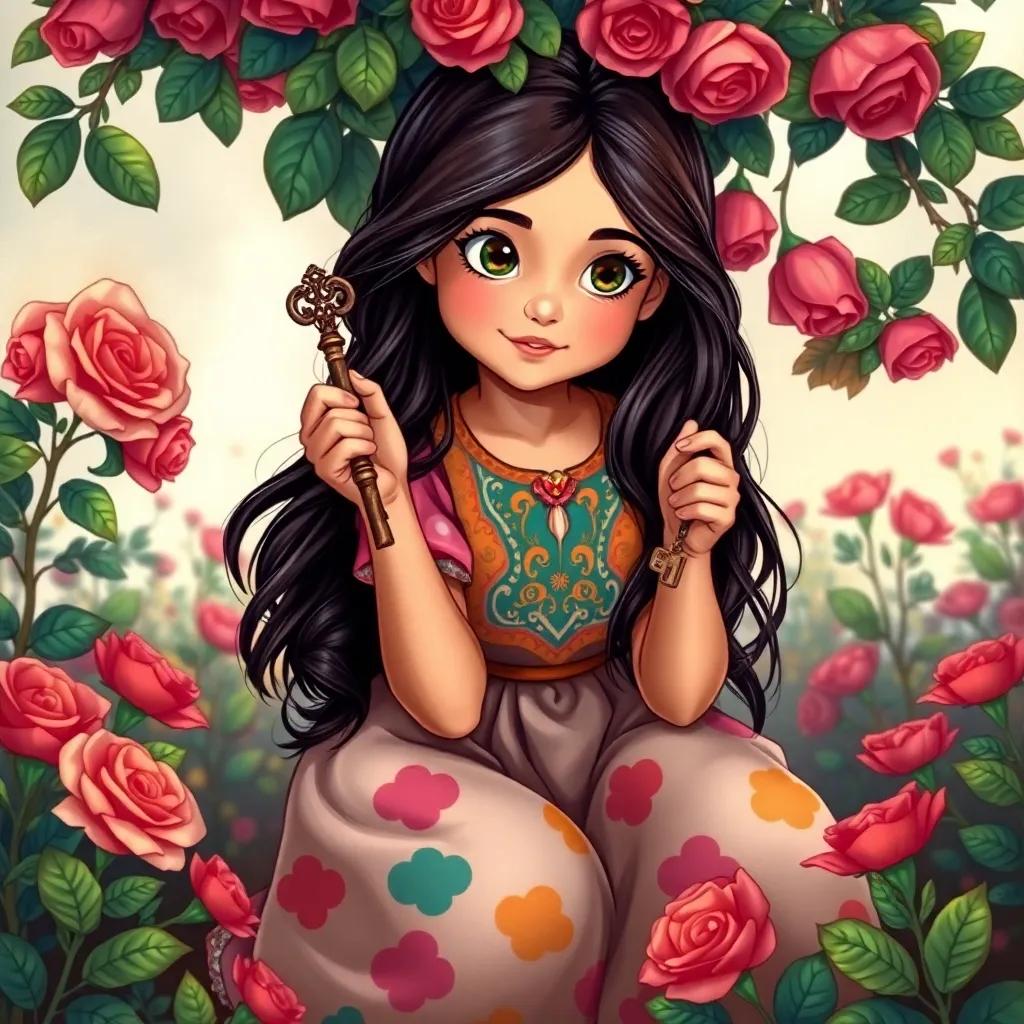 Layan, a young Arabic girl with long, dark hair, wearing a colorful dress, holding an old key in her hand, kneeling in a flower garden under a rose bush, illustration, adventurous, vibrant colors, warm light, storybook style