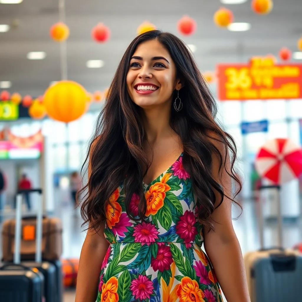 A 34-year-old woman, Layla, with long, dark hair, wearing a colorful summer dress, at the airport looking excited, surrounded by luggage and summer-themed decorations, digital art, bright colors, joyful atmosphere, high quality