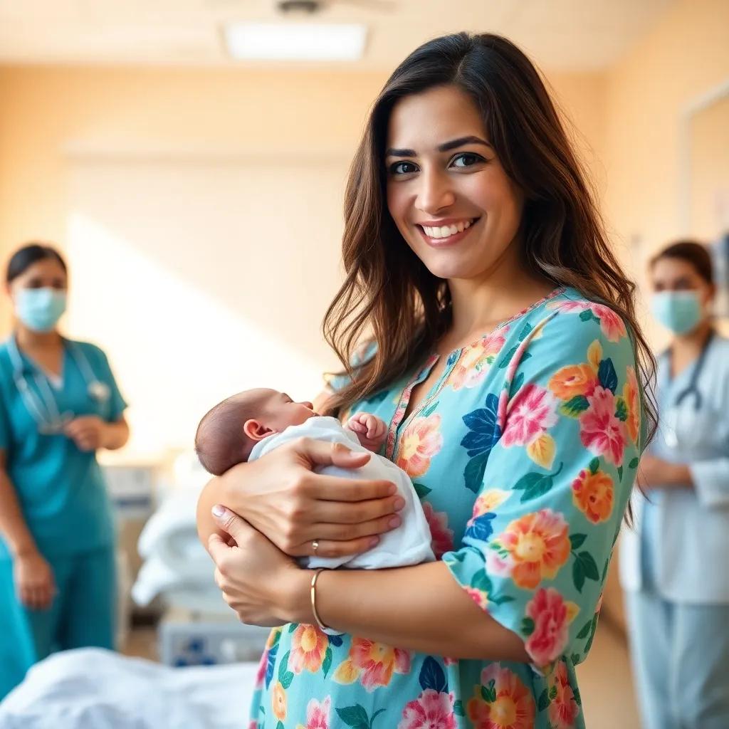 Layla, a 34-year-old woman with long, dark hair in a colorful summer dress, in a brightly lit hospital room, smiling with a newborn baby in her arms, surrounded by friendly doctors and nurses, cheerful, warm light, uplifting scene, high quality
