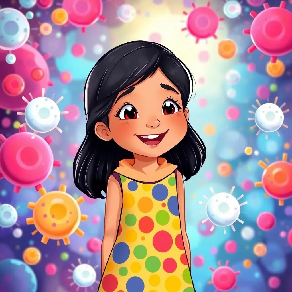 A young Arab girl, Leila, with short black hair, wearing a colorful dress, happily talking with white blood cells and antibodies in a vibrant body land filled with colors, digital art, lively atmosphere, bright and cheerful colors, high quality