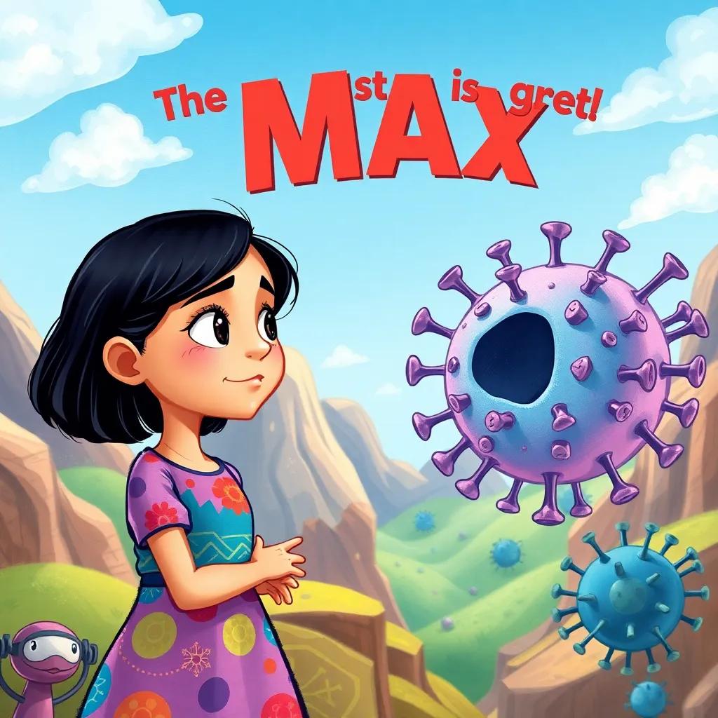 Leila, a young Arab girl with short black hair in a colorful dress, witnessing the brave white blood cell Max, with a confident expression, facing a menacing virus in a detailed, colorful body landscape, illustration, action-packed, child-friendly, high quality