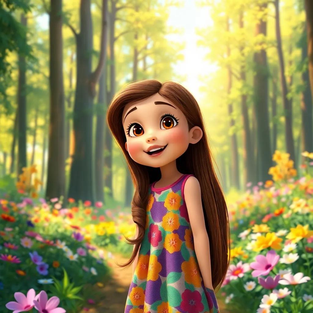 A young girl, Layla, with long brown hair, wearing a colorful dress, standing in a bright sunny forest, filled with tall trees and colorful flowers, looking excited and curious, digital art, vibrant colors, cheerful atmosphere, high quality