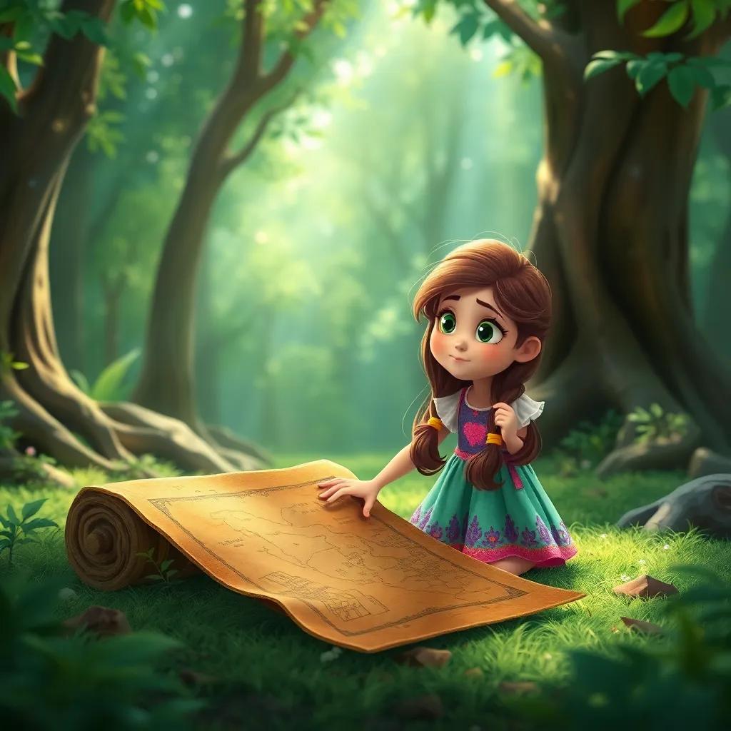 Layla, a young girl with long brown hair in a colorful dress, discovering an old map on the ground in a green forest, with sparkling sunlight filtering through trees, illuminating her expression of surprise, illustration, magical and adventurous, child-friendly