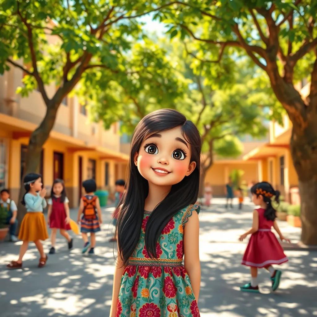 A sunny school yard with children playing, a young Arab girl, Leila, with long dark hair wearing a colorful dress, listening to her friends talk under a bright tree, cheerful atmosphere, digital art, vibrant colors, lively scene, high quality